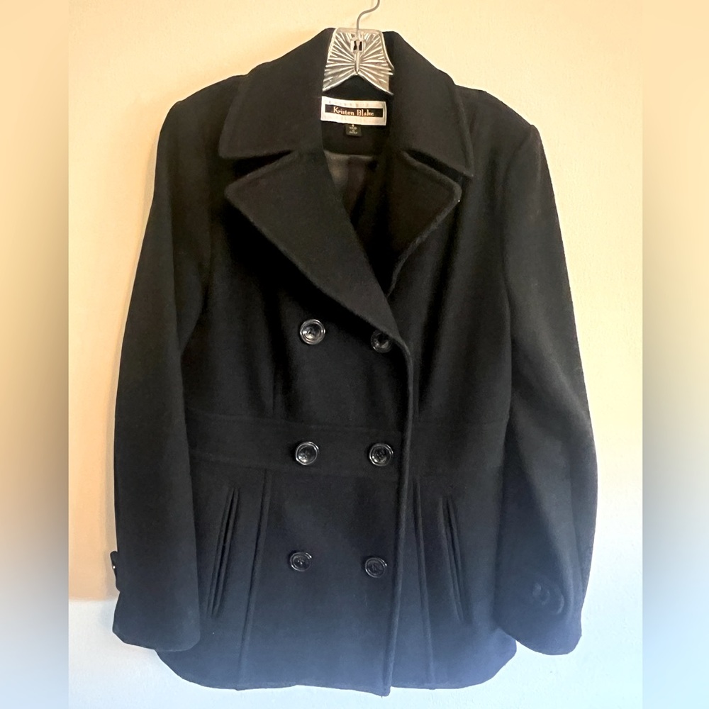 Black double breasted pea coat by Kristen Blake.